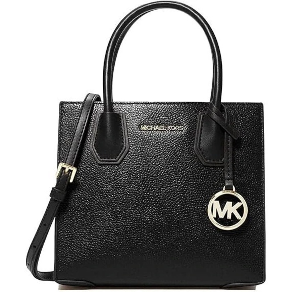 Michael Kors Mercer Black Pebbled Leather Medium Crossbody Satchel Bag.